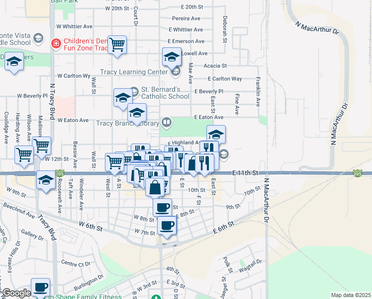 map of restaurants, bars, coffee shops, grocery stores, and more near 134 East Highland Avenue in Tracy