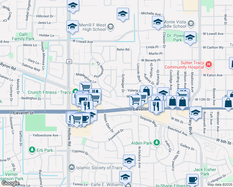 map of restaurants, bars, coffee shops, grocery stores, and more near 1221 Schleiger Drive in Tracy