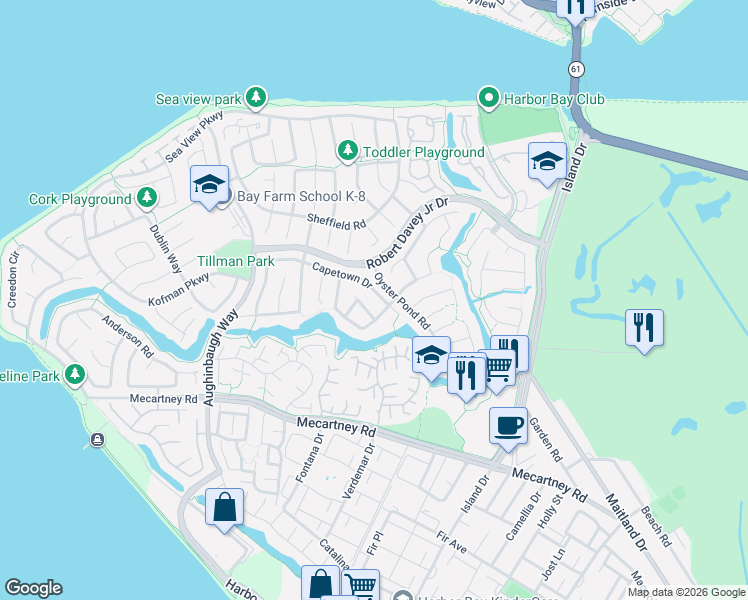map of restaurants, bars, coffee shops, grocery stores, and more near 15 Captains Drive in Alameda