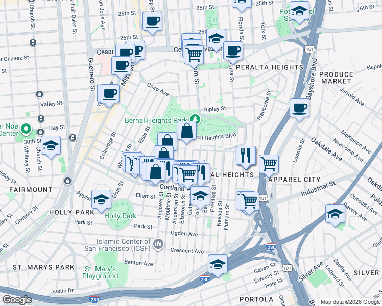 map of restaurants, bars, coffee shops, grocery stores, and more near 3600 Folsom Street in San Francisco