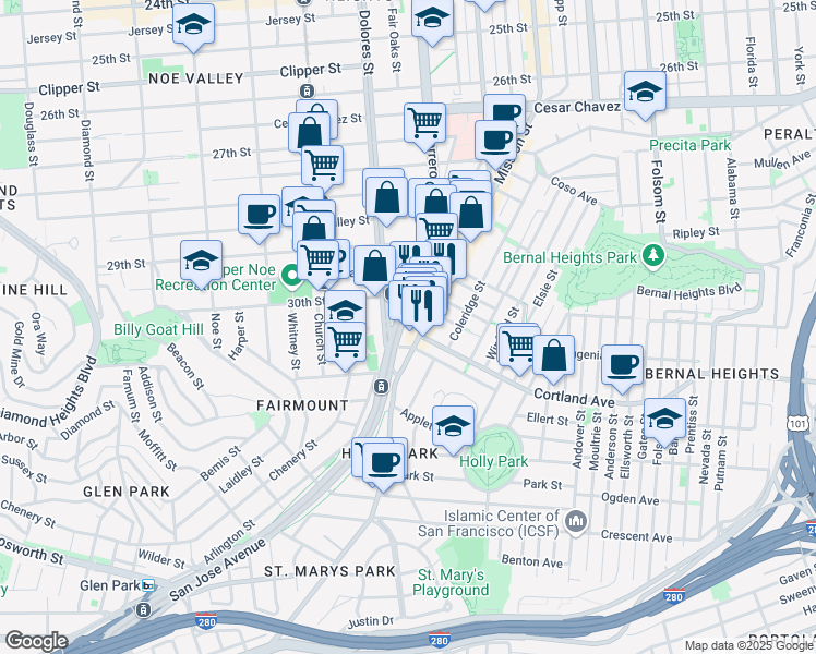 map of restaurants, bars, coffee shops, grocery stores, and more near 1761 Dolores Street in San Francisco