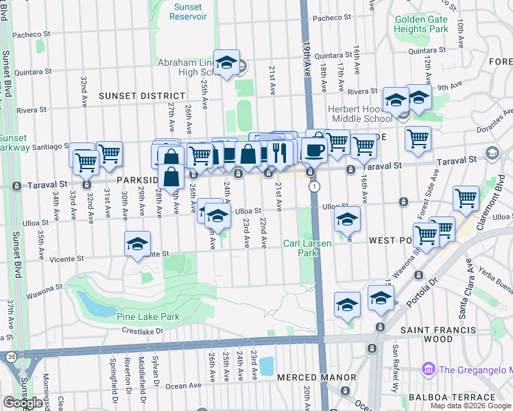 map of restaurants, bars, coffee shops, grocery stores, and more near 2474 23rd Avenue in San Francisco