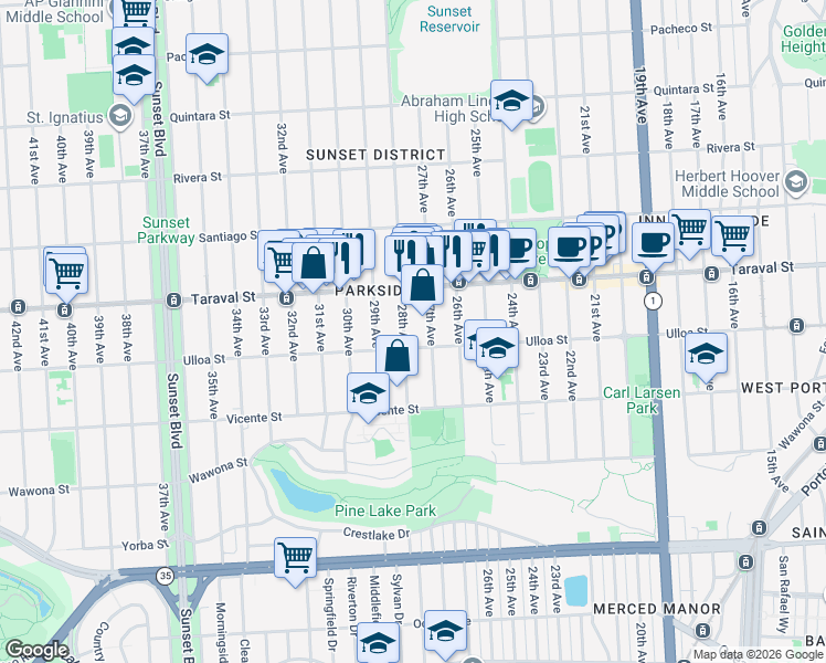 map of restaurants, bars, coffee shops, grocery stores, and more near 2459 28th Avenue in San Francisco