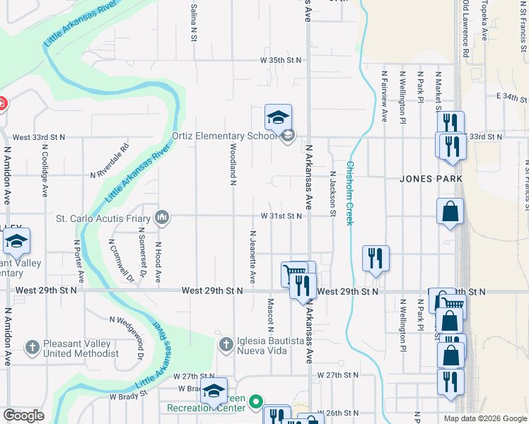map of restaurants, bars, coffee shops, grocery stores, and more near 3158 Mascot North in Wichita