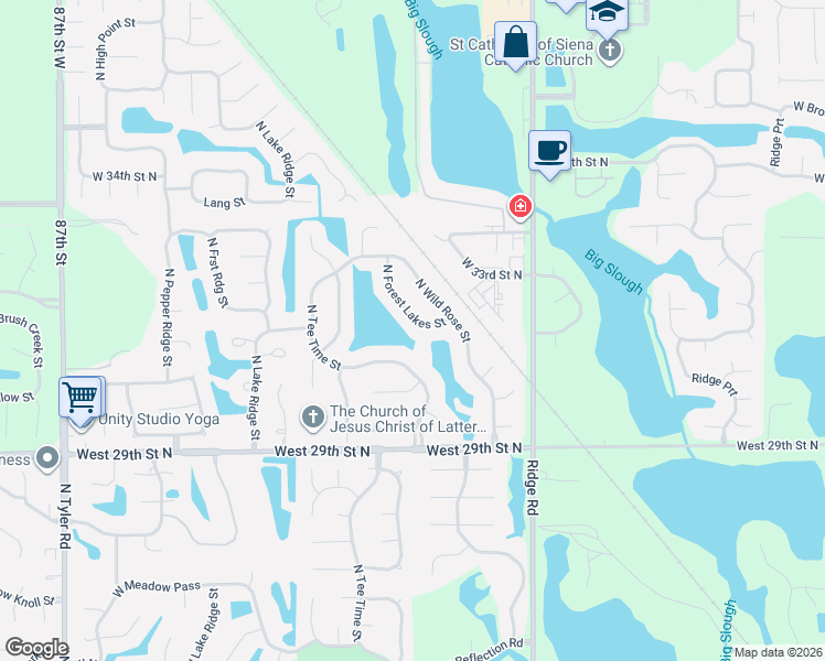map of restaurants, bars, coffee shops, grocery stores, and more near 3225 North Forest Lakes Street in Wichita