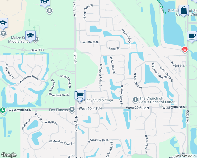 map of restaurants, bars, coffee shops, grocery stores, and more near 3201 North Pepper Ridge Street in Wichita