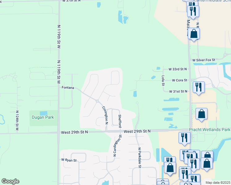 map of restaurants, bars, coffee shops, grocery stores, and more near 11308 Fontana Circle in Wichita