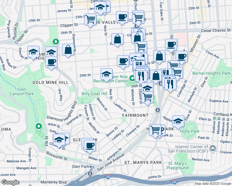 map of restaurants, bars, coffee shops, grocery stores, and more near 18 Harper Street in San Francisco