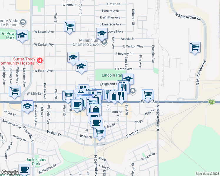 map of restaurants, bars, coffee shops, grocery stores, and more near 134 East Highland Avenue in Tracy