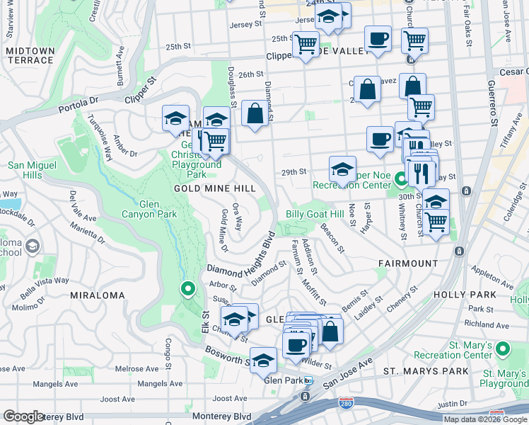 map of restaurants, bars, coffee shops, grocery stores, and more near 107 Topaz Way in San Francisco