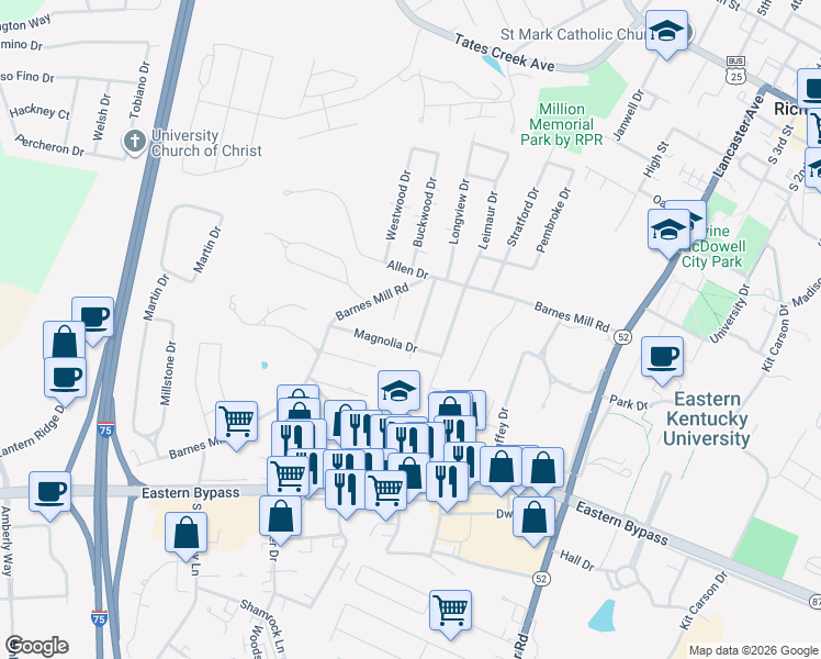 map of restaurants, bars, coffee shops, grocery stores, and more near 115 Bob O Link Drive in Richmond