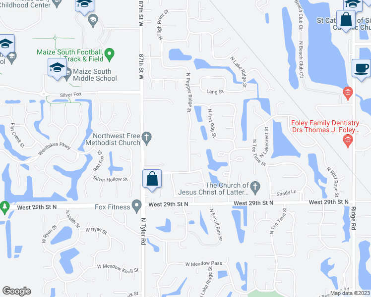 map of restaurants, bars, coffee shops, grocery stores, and more near 3153 North Pepper Ridge Street in Wichita