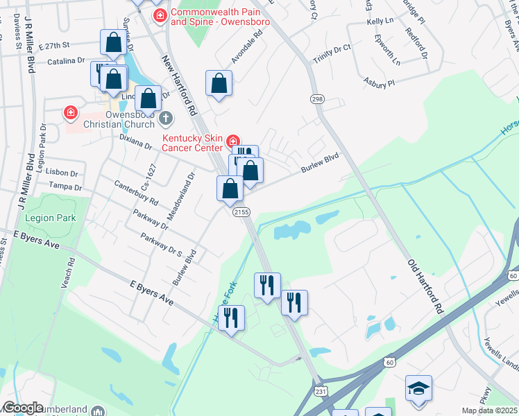 map of restaurants, bars, coffee shops, grocery stores, and more near 1030 Burlew Boulevard in Owensboro