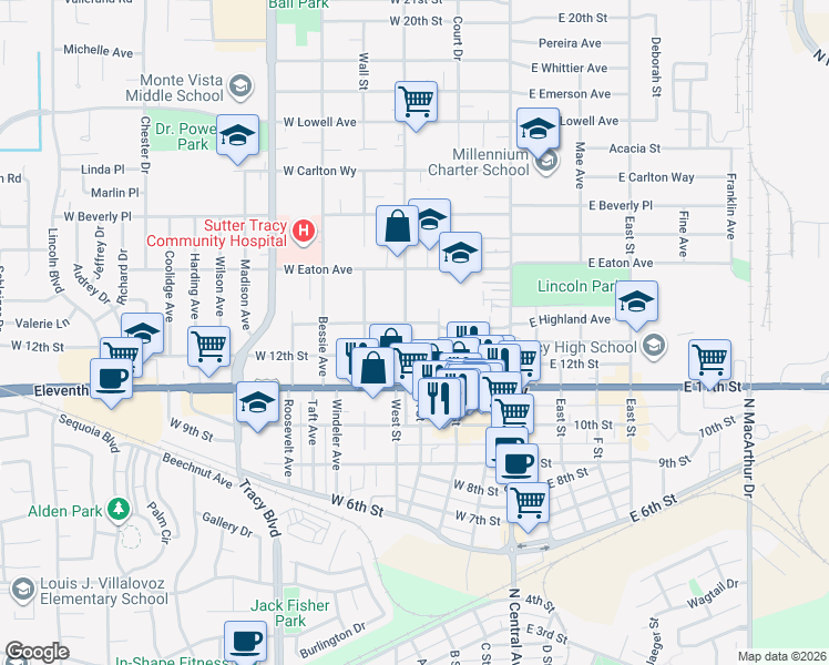 map of restaurants, bars, coffee shops, grocery stores, and more near 240 West Highland Avenue in Tracy