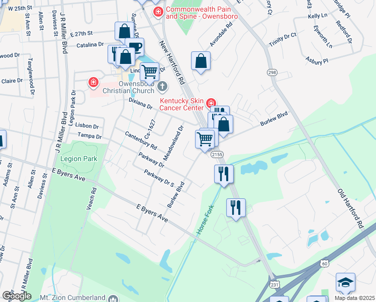 map of restaurants, bars, coffee shops, grocery stores, and more near 915 Peppertree Lane in Owensboro