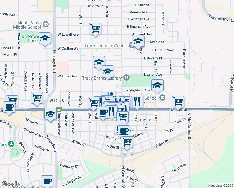 map of restaurants, bars, coffee shops, grocery stores, and more near 26 West Highland Avenue in Tracy