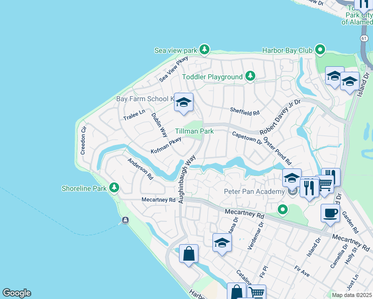 map of restaurants, bars, coffee shops, grocery stores, and more near 741 Limerick Lane in Alameda