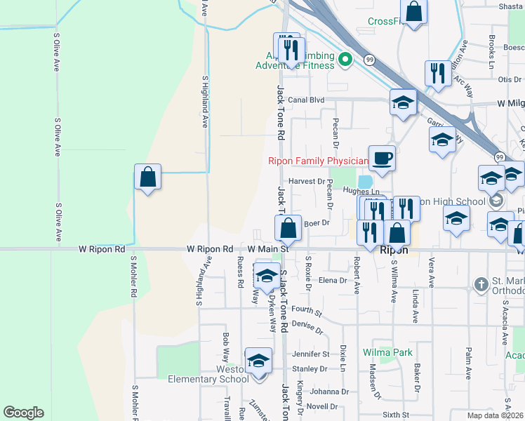 map of restaurants, bars, coffee shops, grocery stores, and more near 23803 Jack Tone Road in Ripon