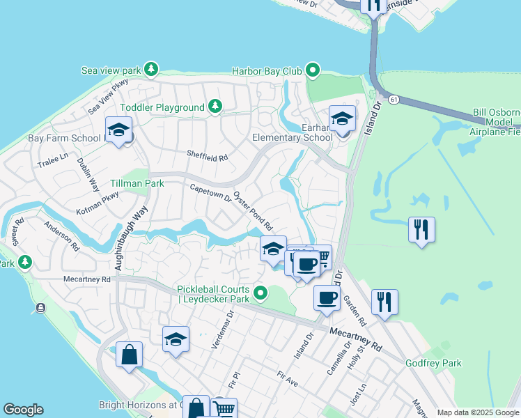 map of restaurants, bars, coffee shops, grocery stores, and more near 9 Steuben Bay in Alameda