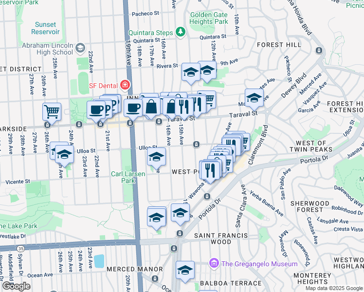 map of restaurants, bars, coffee shops, grocery stores, and more near Ulloa St & 15th Ave in San Francisco