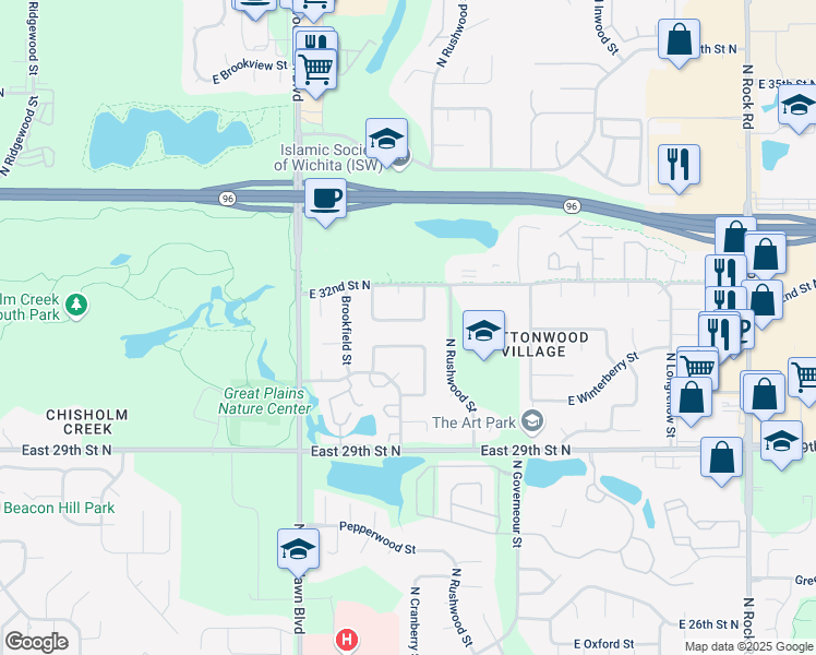map of restaurants, bars, coffee shops, grocery stores, and more near 3203 North Bayberry Street in Wichita