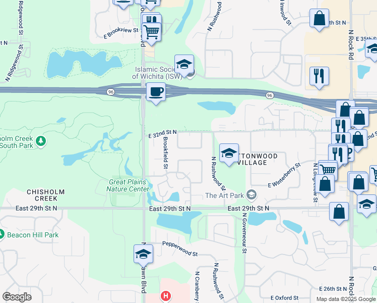 map of restaurants, bars, coffee shops, grocery stores, and more near 3203 N Bayberry St in Wichita