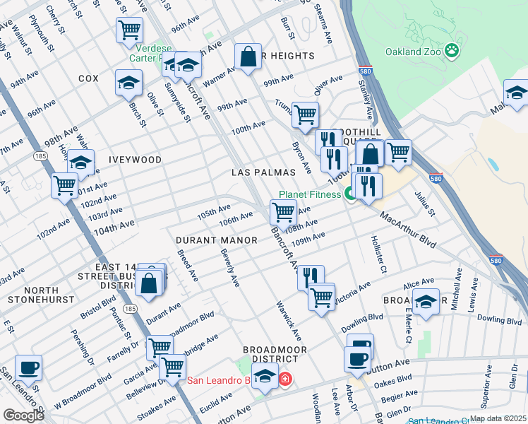 map of restaurants, bars, coffee shops, grocery stores, and more near 2174 106th Avenue in Oakland