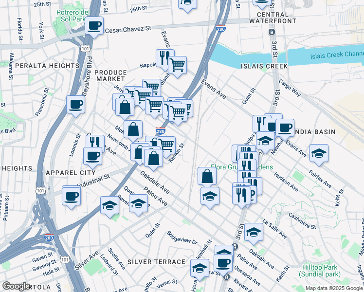 map of restaurants, bars, coffee shops, grocery stores, and more near 1901 Jerrold Avenue in San Francisco