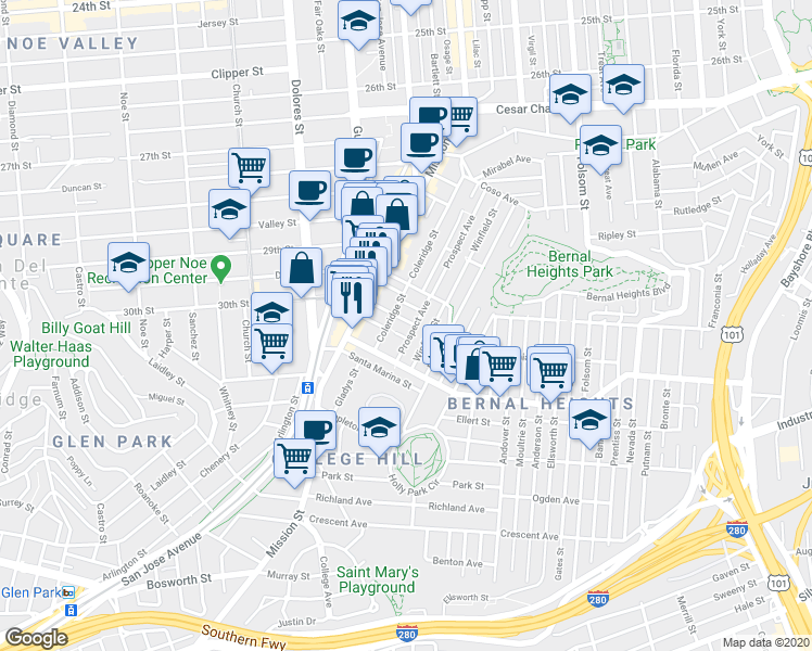 map of restaurants, bars, coffee shops, grocery stores, and more near 315 Coleridge Street in San Francisco