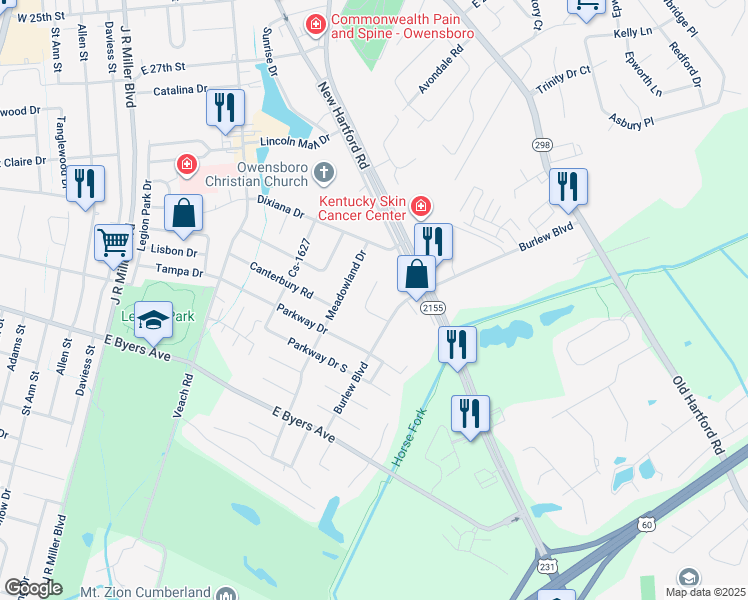 map of restaurants, bars, coffee shops, grocery stores, and more near 915 Pepper Tree Lane in Owensboro
