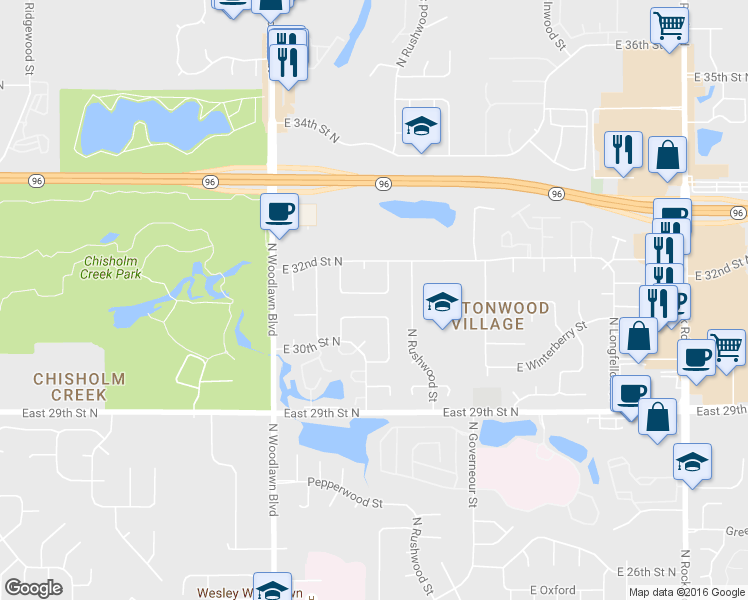 map of restaurants, bars, coffee shops, grocery stores, and more near 3203 North Bayberry Street in Wichita