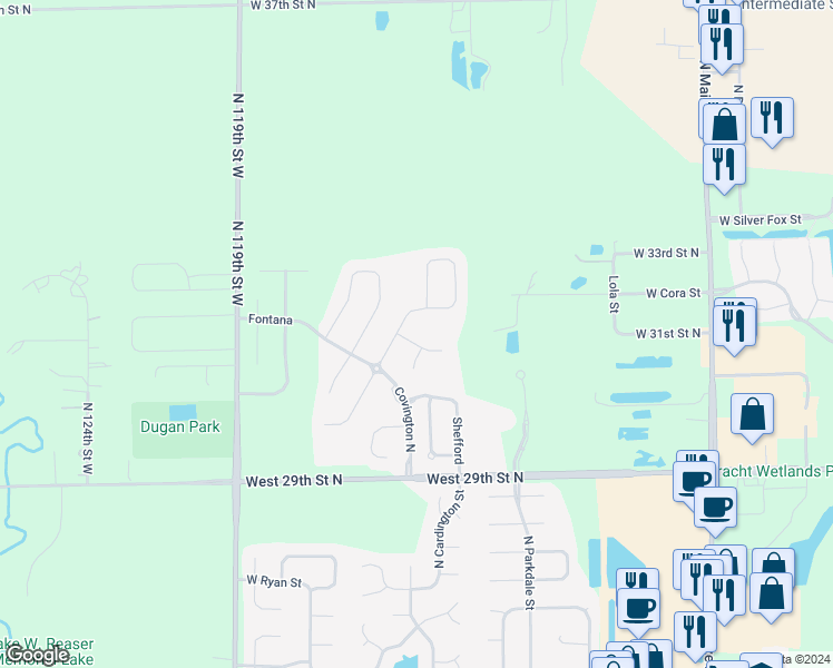 map of restaurants, bars, coffee shops, grocery stores, and more near 11332 Fontana Circle in Wichita