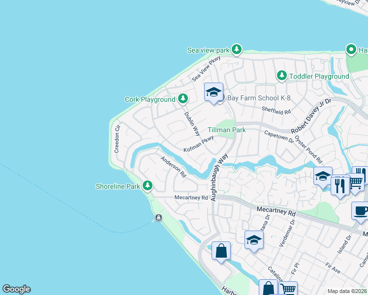 map of restaurants, bars, coffee shops, grocery stores, and more near 1781 Kofman Parkway in Alameda