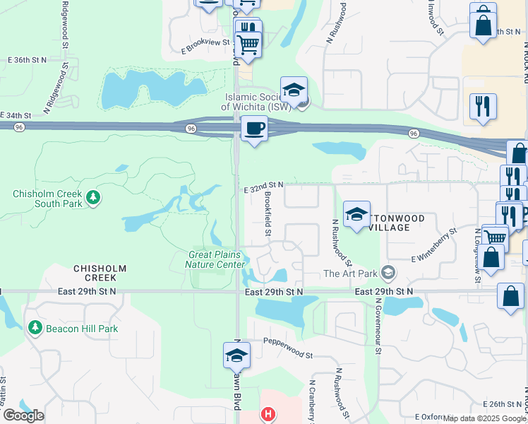 map of restaurants, bars, coffee shops, grocery stores, and more near 3203 Brookfield Street in Wichita