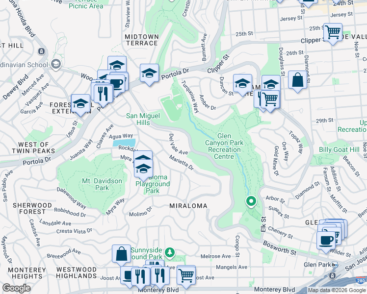 map of restaurants, bars, coffee shops, grocery stores, and more near 350 O'Shaughnessy Boulevard in San Francisco