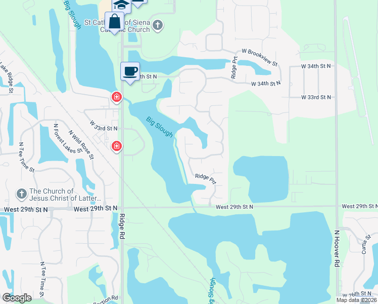 map of restaurants, bars, coffee shops, grocery stores, and more near 6614 West Shadow Lakes Street in Wichita