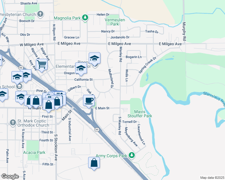 map of restaurants, bars, coffee shops, grocery stores, and more near 700 Montana Street in Ripon