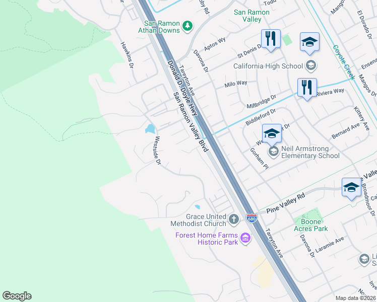 map of restaurants, bars, coffee shops, grocery stores, and more near 2 Lone Tree Lane in San Ramon