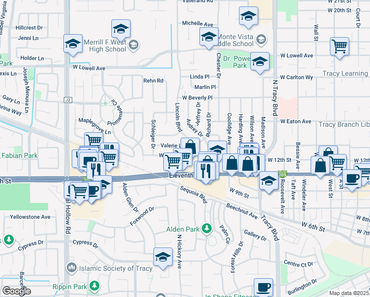 map of restaurants, bars, coffee shops, grocery stores, and more near 1448 Valerie Lane in Tracy