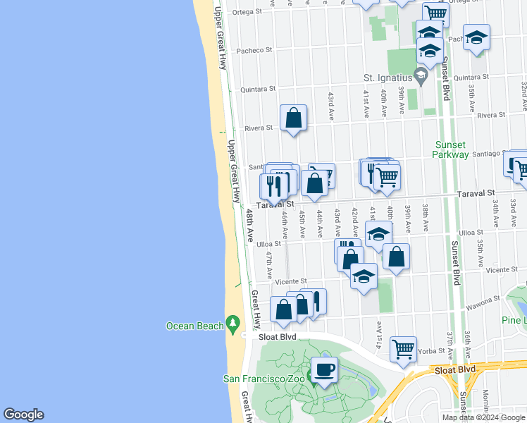 map of restaurants, bars, coffee shops, grocery stores, and more near 2411 47th Avenue in San Francisco