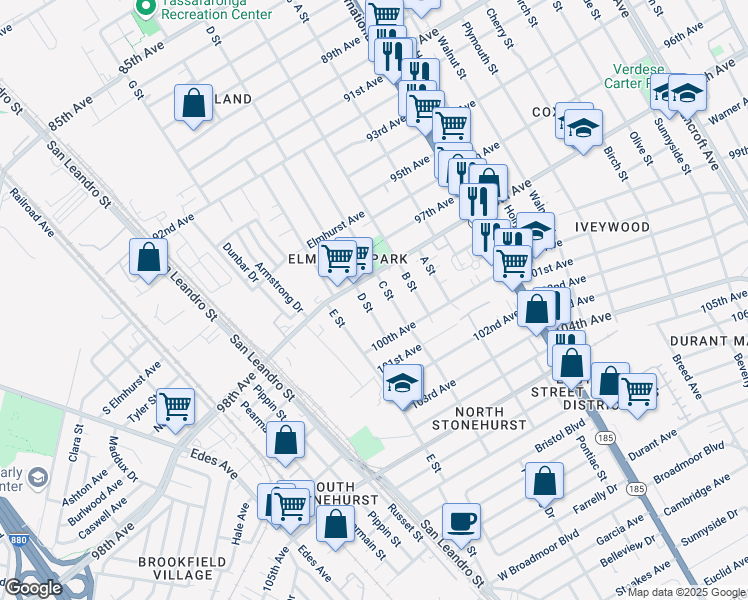 map of restaurants, bars, coffee shops, grocery stores, and more near 9820 D Street in Oakland