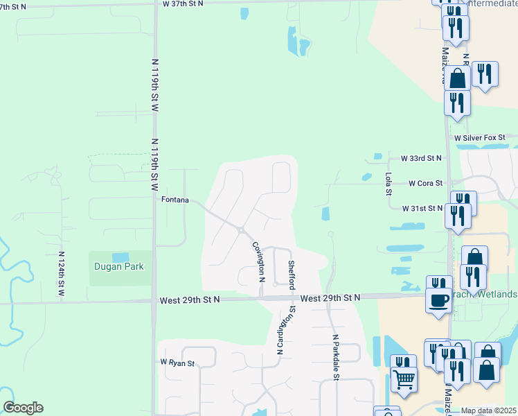 map of restaurants, bars, coffee shops, grocery stores, and more near 11332 Fontana Circle in Wichita