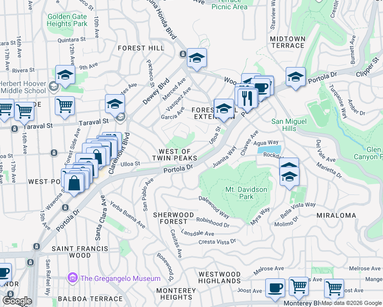map of restaurants, bars, coffee shops, grocery stores, and more near 428 Ulloa Street in San Francisco