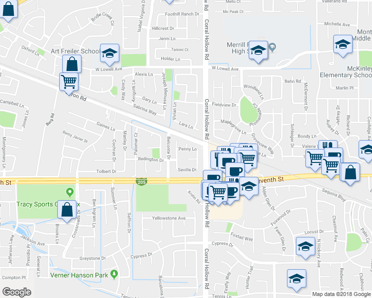 map of restaurants, bars, coffee shops, grocery stores, and more near 2098 Penny Lane in Tracy