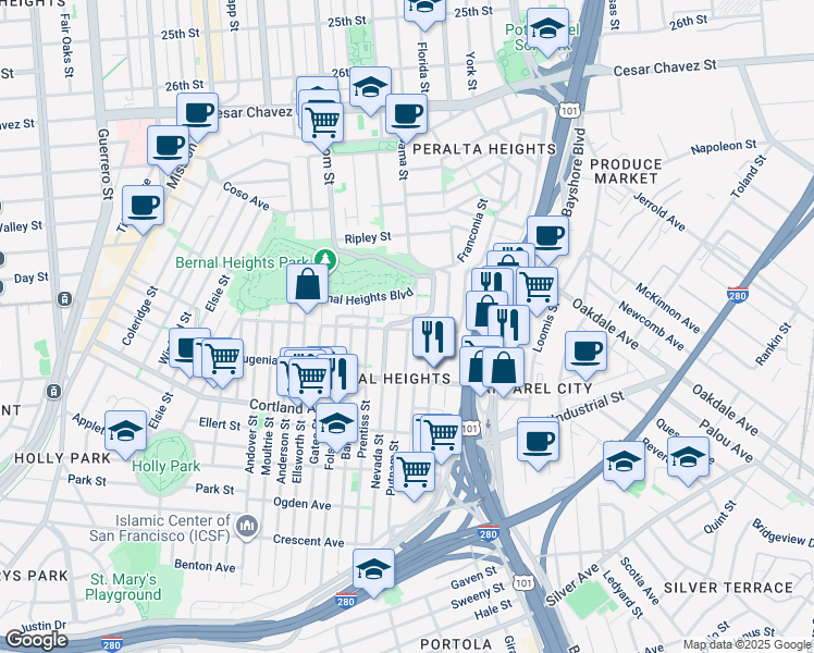 map of restaurants, bars, coffee shops, grocery stores, and more near 965 Powhattan Avenue in San Francisco