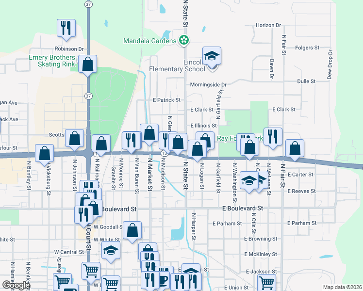 map of restaurants, bars, coffee shops, grocery stores, and more near 1206 North State Street in Marion