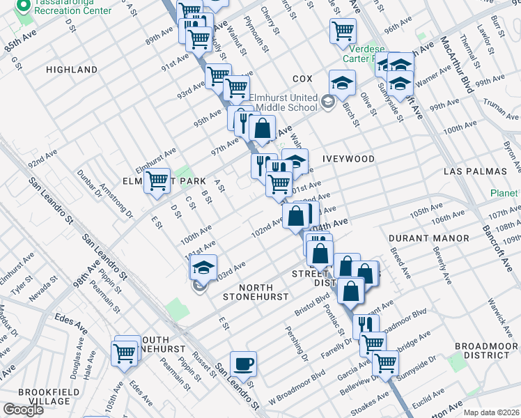 map of restaurants, bars, coffee shops, grocery stores, and more near 1288 100th Avenue in Oakland