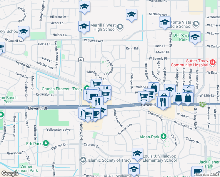 map of restaurants, bars, coffee shops, grocery stores, and more near 1799 Laurelgrove Lane in Tracy