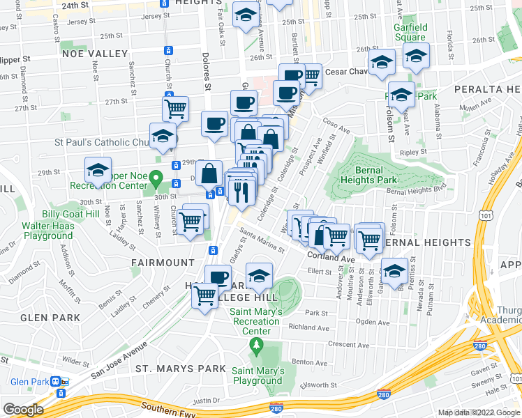 map of restaurants, bars, coffee shops, grocery stores, and more near 315 Coleridge Street in San Francisco