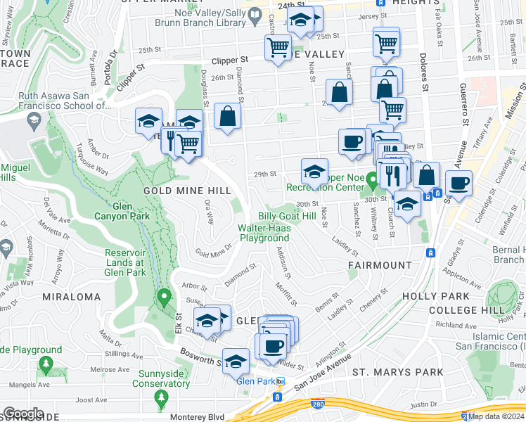 map of restaurants, bars, coffee shops, grocery stores, and more near 395 Beacon Street in San Francisco